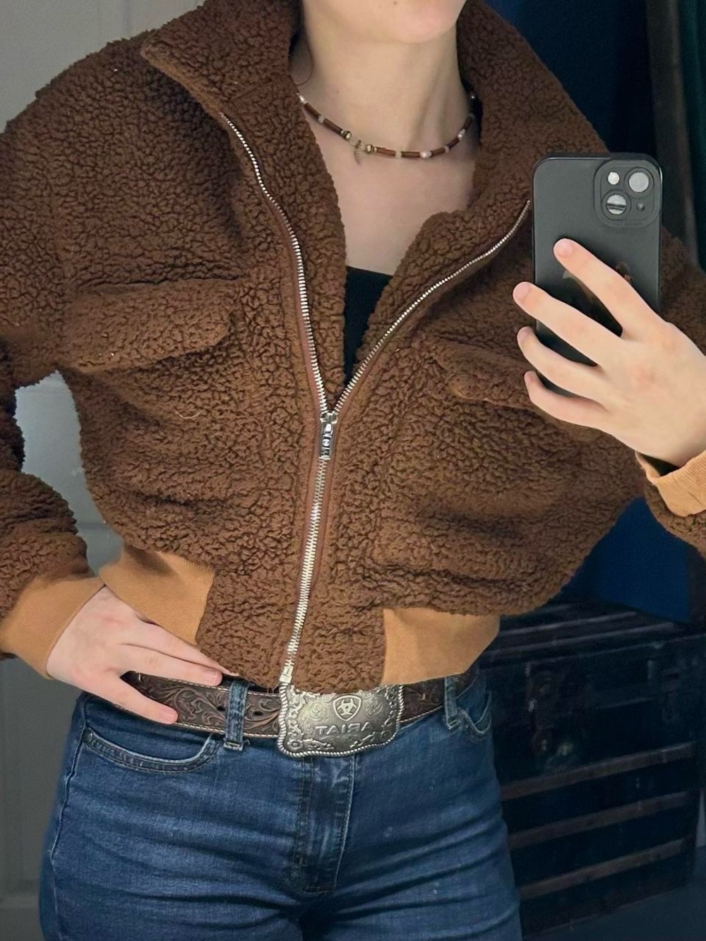 SHEIN Brown Cropped Teddy Sherpa Zip-Up Jacket